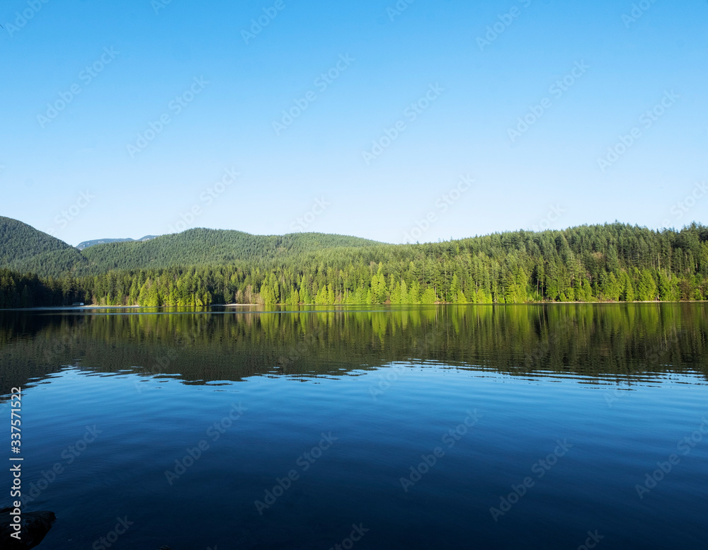 Lake surrounded by rainforest in a sunny day of British Columbia province, Canada.