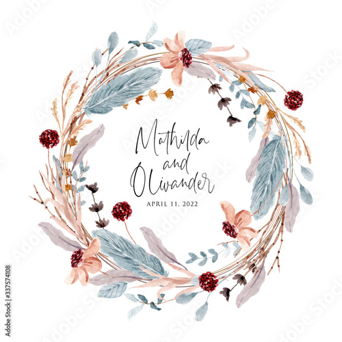 soft rustic floral and feather watercolor wreath