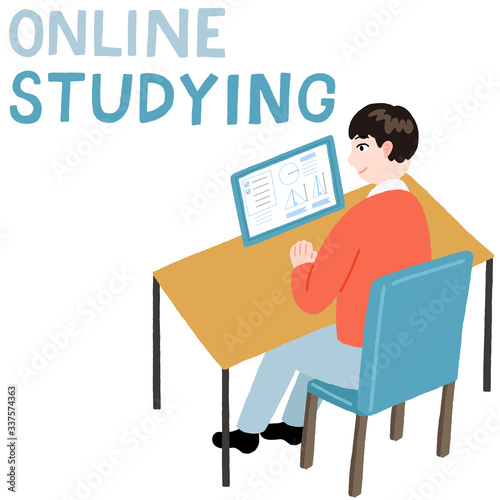 オンライン学習　勉強している男の子　タブレット