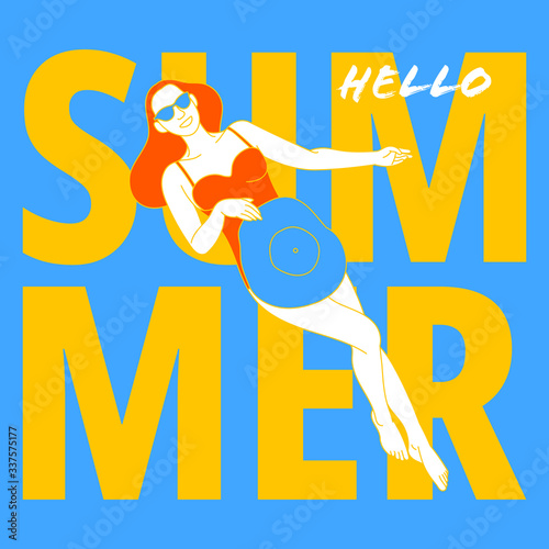 Illustration of young woman in a swimsuit is relaxing by the pool.