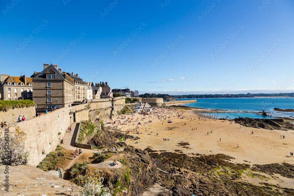 Saint-Malo, France. City, medieval fortress wall, beach