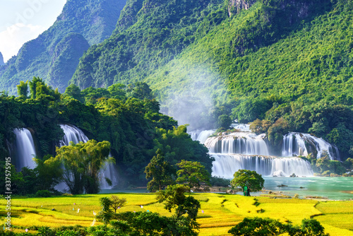 Royalty high quality free stock image aerial view of     Ban Gioc     waterfall  Cao Bang  Vietnam.     Ban Gioc     waterfall is one of the top 10 waterfalls in the world. Aerial view.