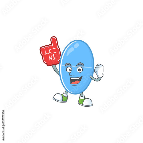 Cartoon character concept of blue capsule holding red foam finger