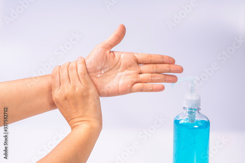 Instruction to Hands Washing by using alcohol gel, Washing hands with alcohol gel prevent the spread of germs and bacteria and avoid infections corona virus.