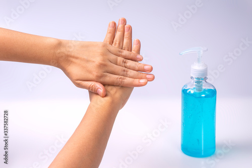 Instruction to Hands Washing by using alcohol gel  Washing hands with alcohol gel prevent the spread of germs and bacteria and avoid infections corona virus.