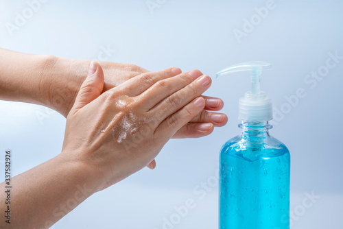 Hands Washing by using alcohol gel, Washing hands with alcohol gel prevent the spread of germs and bacteria and avoid infections corona COVID-19 virus.
