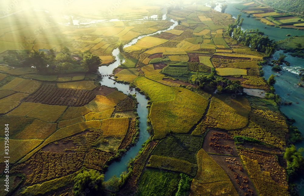 Royalty high quality free stock image of dawn and fog, mountains, river  and rice field at Trung Khanh town, Cao Bang province, Vietnam. 