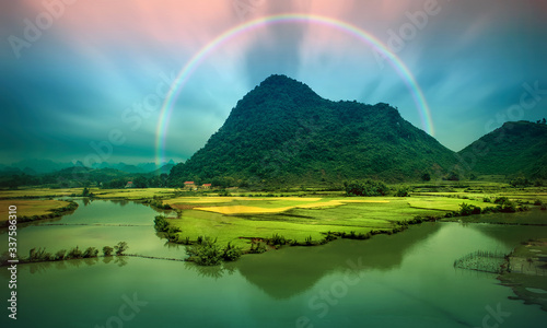Beautiful step of rice terrace paddle field in sunset and dawn at Trung Khanh, Cao Bang, Vietnam. Cao Bang is beautiful in nature place in Vietnam, Southeast Asia. Travel concept.