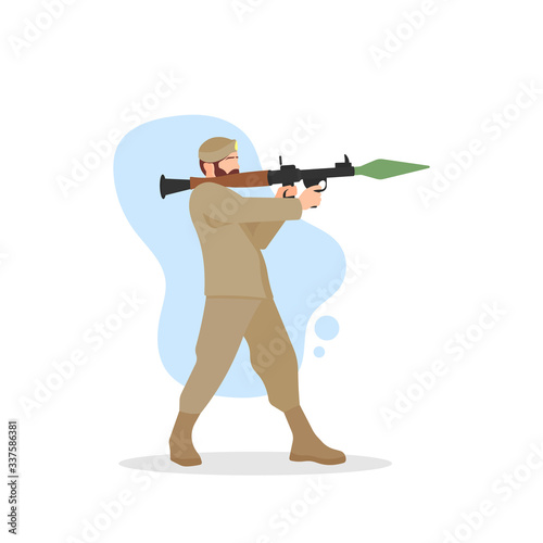 Military soldier holding and aiming rocket launcher concept. War zone battle icon sign or symbol. Heavy weapon. Ballistic missile explosion - Simple flat vector character illustration.