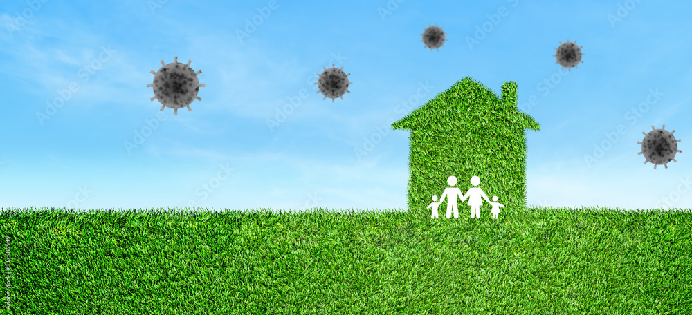 Stay Home and CORONA Virus Prevention Concept : Family icons stay in home icons on green artificial grass field to quarantine and protect corona virus. Stay Home and CORONA Virus Prevention Concept : Family icons stay in home icons on green artificial grass field to quarantine and protect corona virus.