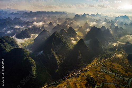 Royalty high quality free stock image of dawn and fog, mountains, river and rice field at Trung Khanh town, Cao Bang province, Vietnam. 