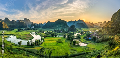 Rice terrace paddle field in sunset and dawn at Phong Nam, Trung Khanh, Cao Bang, Vietnam. Cao Bang is beautiful in nature place in Vietnam, Southeast Asia. Travel concept