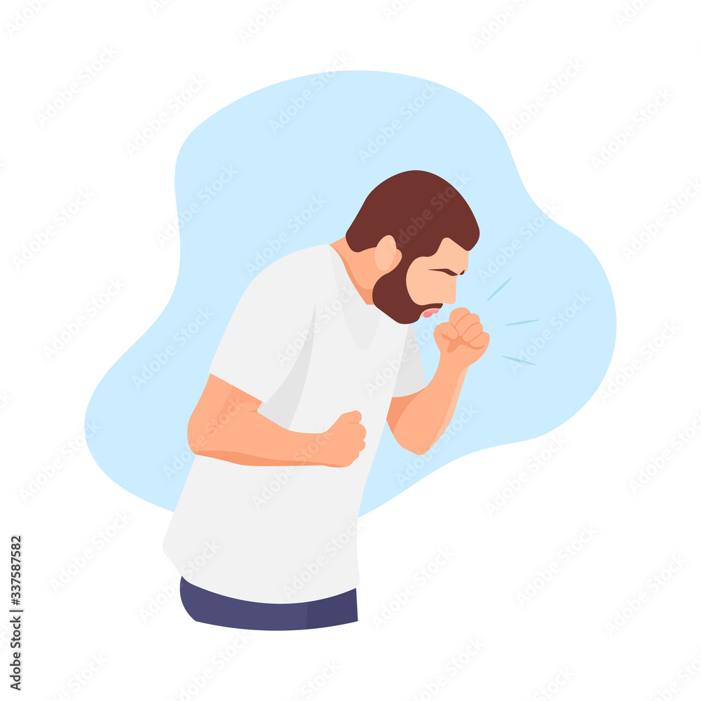 Adult man coughing. Dry cough. COVID19 symptom. Coronavirus disease