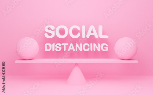 3d rendering of social distance. Two balls balance with text.