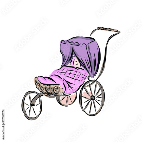 Pink vintage baby toy stroller with doll. Subject for children's role-playing game in mother's daughters. 