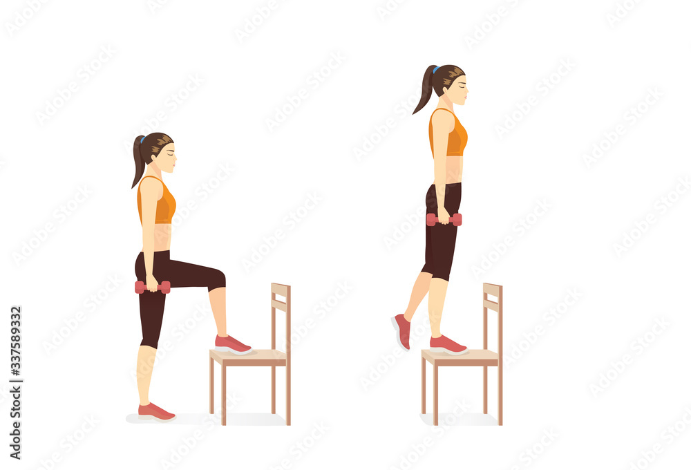 Vettoriale Stock Woman doing Dumbbell Step up exercise by Stepping on the  chair and standing. Illustration about workout while stay at Home. | Adobe  Stock