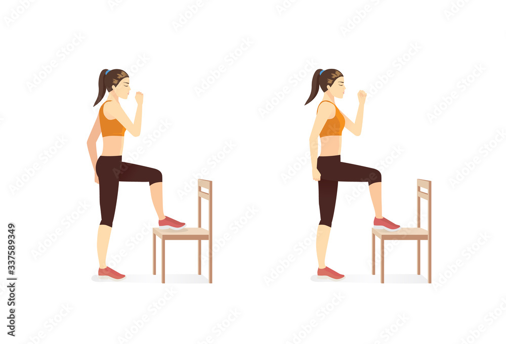 Woman quickly alternate lifting her knees high to lightly tap the seat