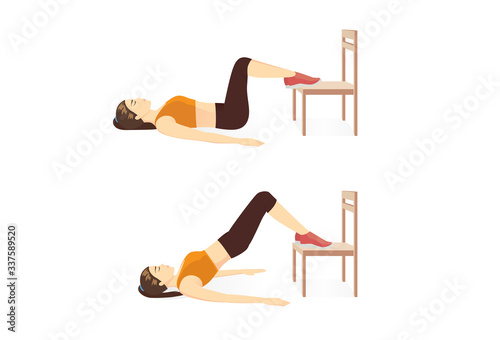 Woman doing workout with Hip Raise with two Legs on chair for firming her body. Illustration about workout at Home.