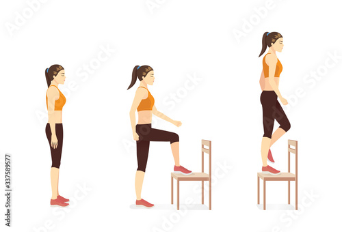 Woman doing workout with Step up exercise by Stepping on the chair and standing. Illustration about workout while stay at Home.