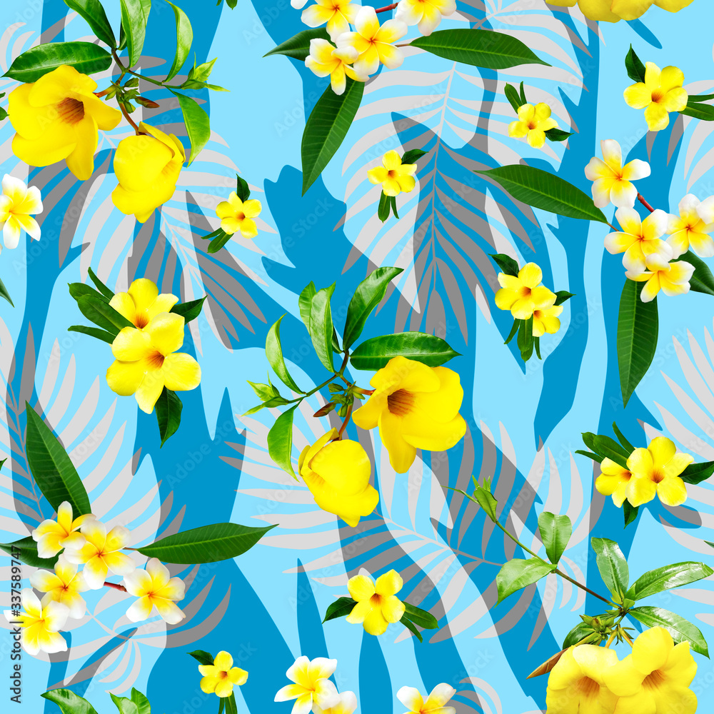 tropical seamless print with yellow flowers on a blue background, summer floral pattern.