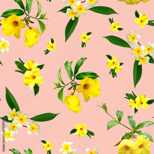 floral seamless pattern with tropical flowers on a pink background