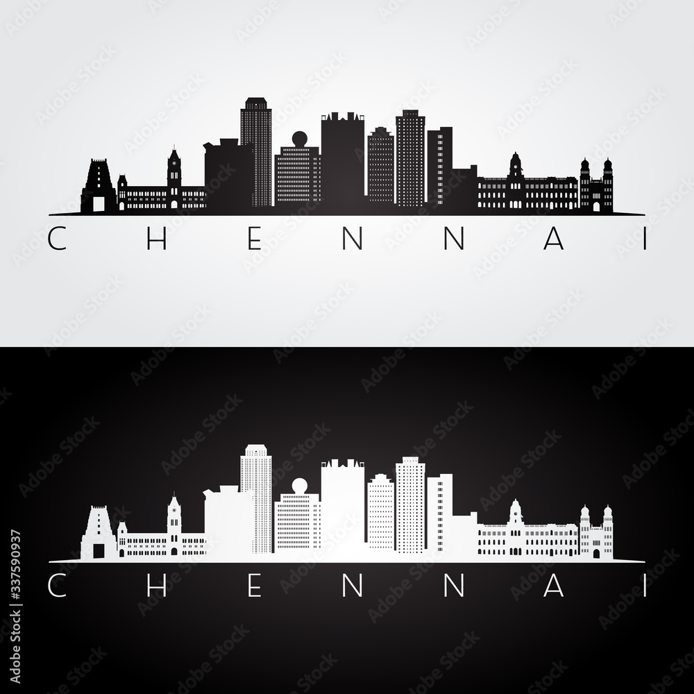Chennai skyline and landmarks silhouette, black and white design, vector illustration.