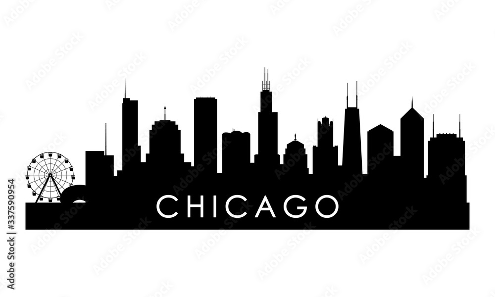 Fototapeta premium Sylwetka panoramę Chicago w stanie Illinois. Projekt miasta Cleveland czarno na białym tle.