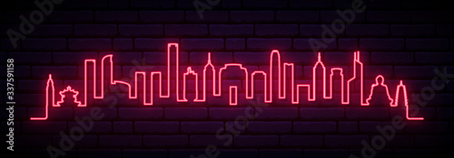 Red neon skyline of Hong Kong city. Bright Hong Kong long banner. Vector illustration.