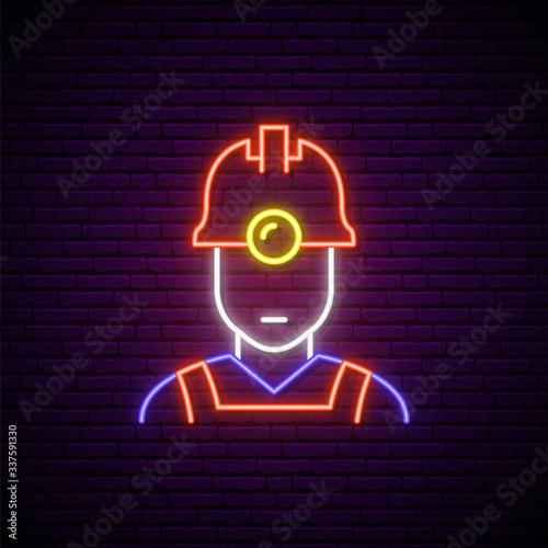 Oilman neon sign. Bright light man worker icon on dark brick wall background. Stock vector illustration in neon style.