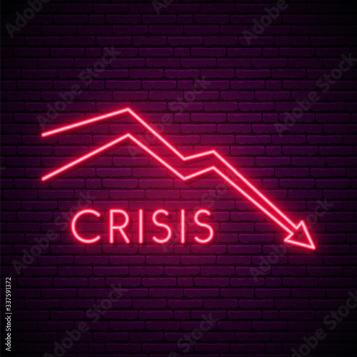 Red arrow neon sign. Simple economic crisis design in neon style. Bankruptcy or career failure concept vector illustration.