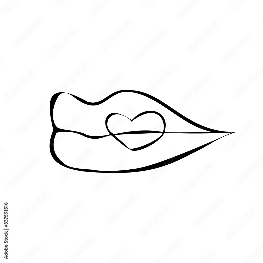 Heart icon on lips. Black and white vector illustration. Isolated on a white background. Heart icon on lips. Black and white vector illustration. Isolated on a white background.