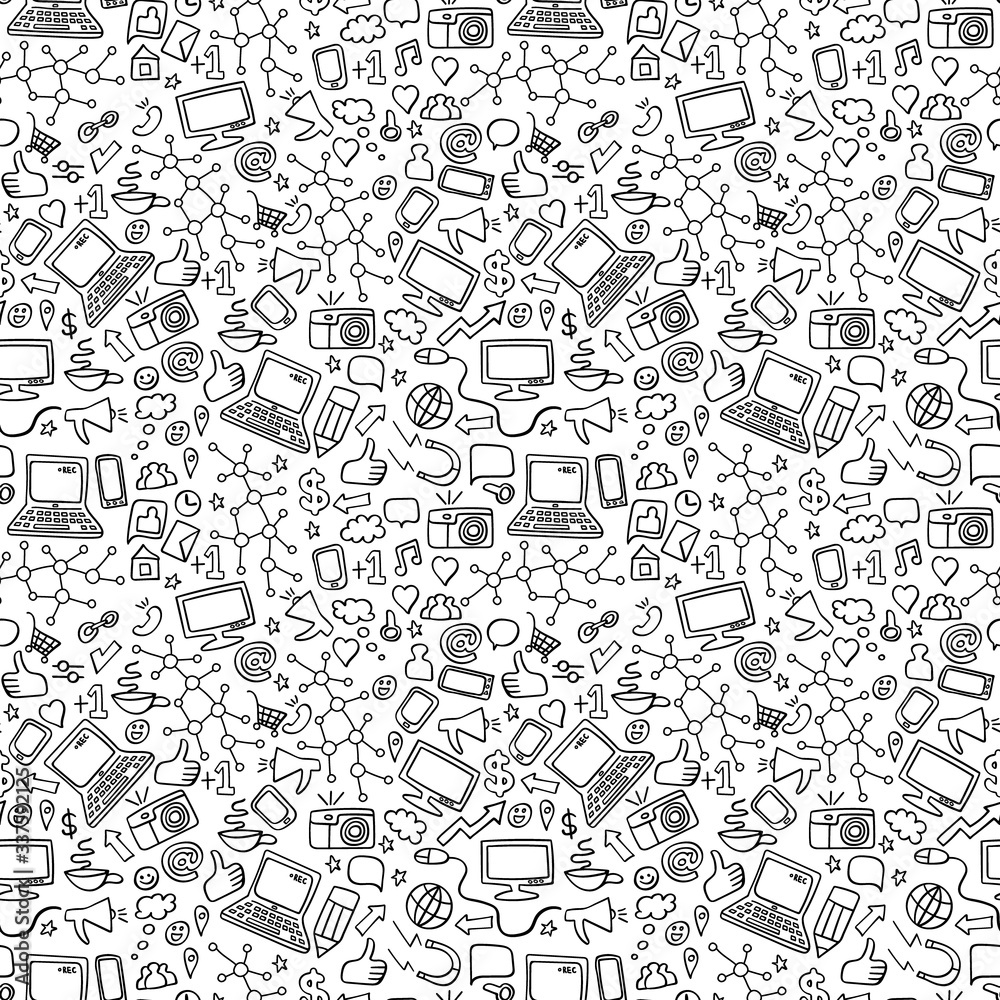 Social media doodle seamless pattern. Network hand drawn icons on white background. Vector illustration.