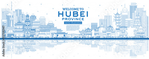 Welcome to Hubei Province in China. Outline City Skyline with Blue Buildings and Reflection.