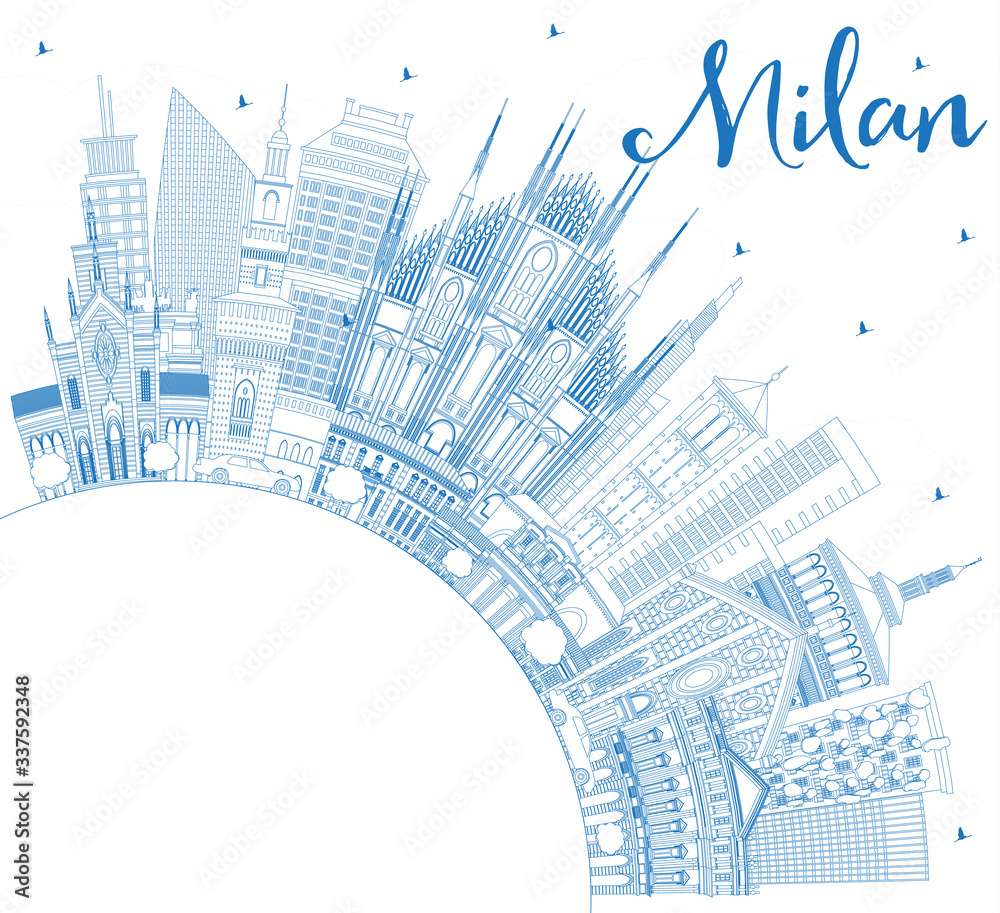 Outline Milan Italy City Skyline with Blue Buildings and Copy Space.