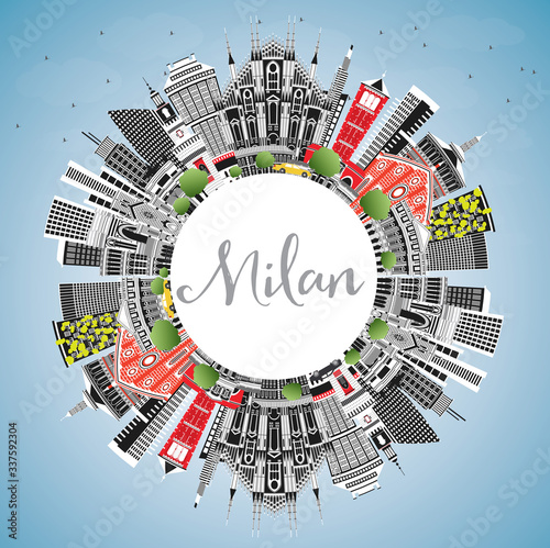 Milan Italy City Skyline with Color Buildings, Blue Sky and Copy Space.