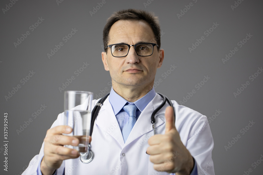 Nutritionist in white coat with a stethoscope on his neck holds a glass of water in his hands and points a finger at it. Healthy lifestyle. Thirst. Proper nutrition. Water-salt balance. Thumb up. Like Nutritionist in white coat with a stethoscope on his neck holds a glass of water in his hands and points a finger at it. Healthy lifestyle. Thirst. Proper nutrition. Water-salt balance. Thumb up. Like