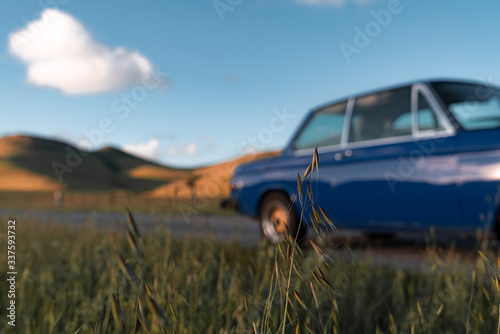 Vintage car driving on road by grass