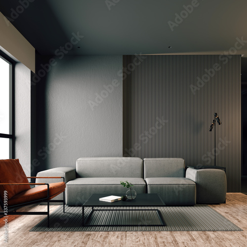 Carta da parati 3D per Soggiorno - Carta da parati 3d render of beautiful interior with dark  gray walls