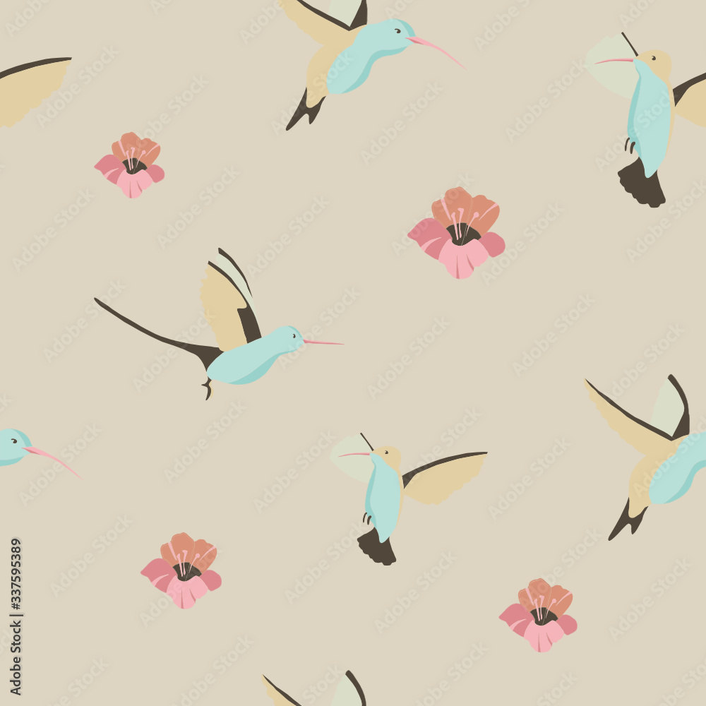 Vector seamless background with hummingbirds and hibiscuses. Tropical pattern suitable for fabric, paper or web background design