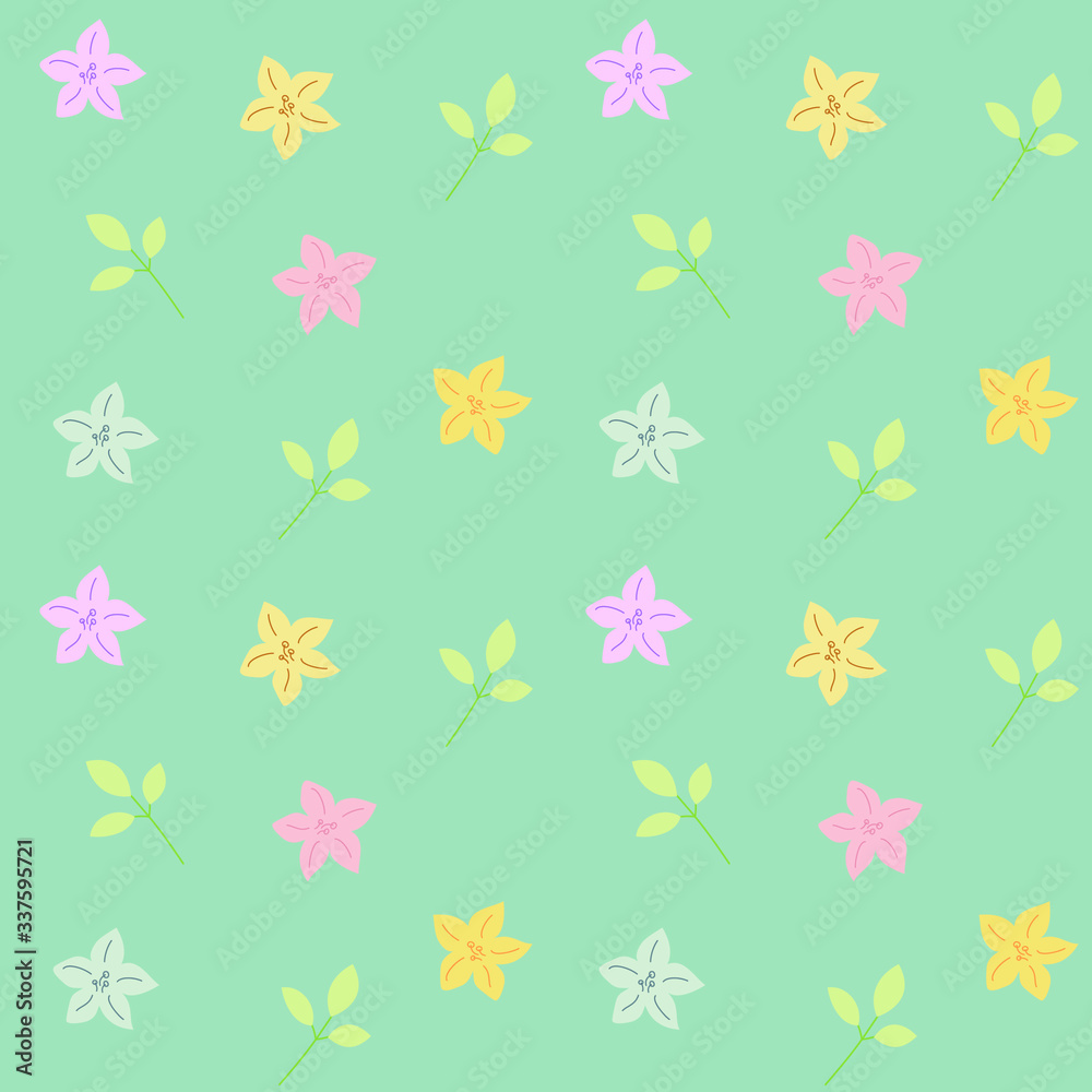 Seamless vector abstract pattern of small daylily flowers in different colors and leaves arranged randomly on a light green background. Made in the flat style, perfect for scrapbooking.