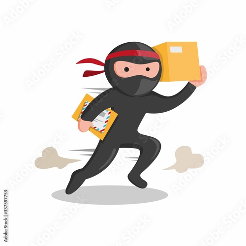 ninja courier express delivery service mascot, man wear ninja costume carrying package to customer cartoon illustration vector isolated in white background