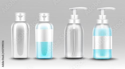 Plastic bottle with dispenser pump for liquid soap, antibactrial gel, sanitizer or cosmetic product. Vector realistic mockup of transparent package empty and full of antiseptic cleanser