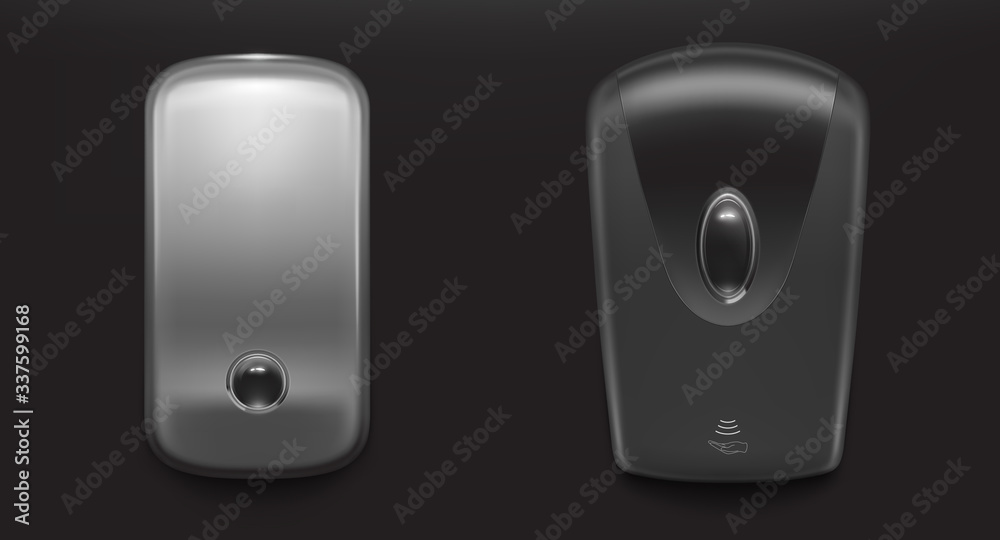 Soap wall dispenser for wash hand with antibacterial liquid gel or alcohol sanitizer. Vector realistic set of automatic contactless soap dispenser for hygiene procedure, hands cleanliness Soap wall dispenser for wash hand with antibacterial liquid gel or alcohol sanitizer. Vector realistic set of automatic contactless soap dispenser for hygiene procedure, hands cleanliness