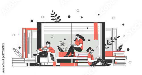 The concept of online library, bookstores, read more. Applications for reading and downloading books. Vector