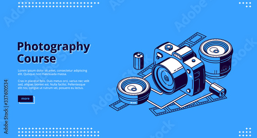 Photography courses isometric landing page. Classes and tutorials for photographers, school or workshop. Photo camera with lenses, film and cards on blue background. 3d vector line art web banner
