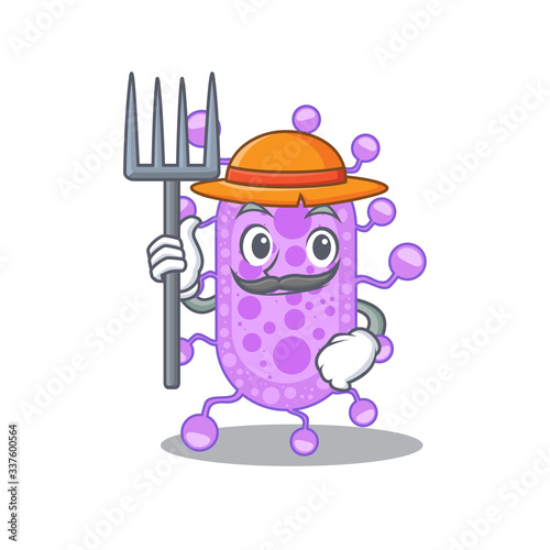 Cartoon character design of mycobacterium as a Farmer with hat and pitchfork