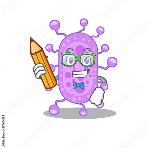 A brainy student mycobacterium cartoon character with pencil and glasses