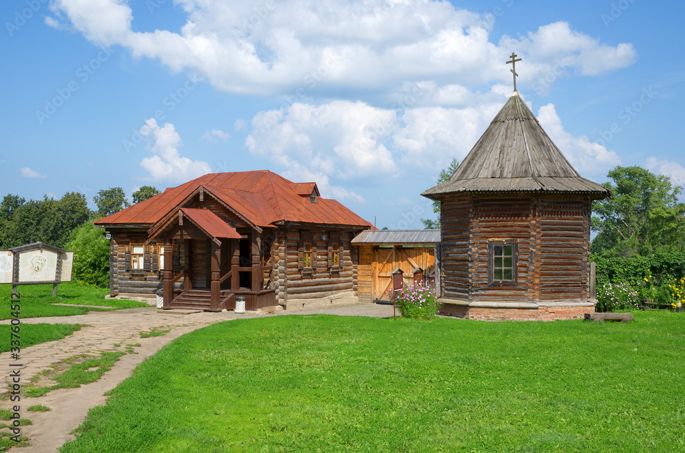Suzdal, Russia - July 26, 2019: Museum of wooden architecture and peasant life. Chapel from the village of Bedrino Kovrovsky district. Golden ring of Russia