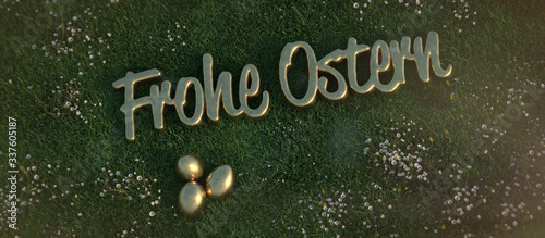 Frohe Ostern, Wiese mit Gänseblümchen, goldener Schrift und 3 versteckten goldenen Eiern 