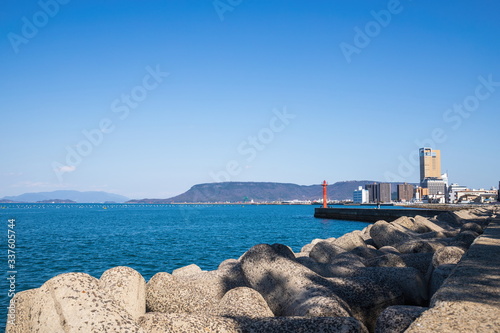 Cityscape of Takamatsu city waterfront , Kagawa, Shikoku, Japan photo